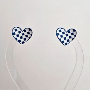 Korea Ceramic Blue and White Checkered Heart Earrings